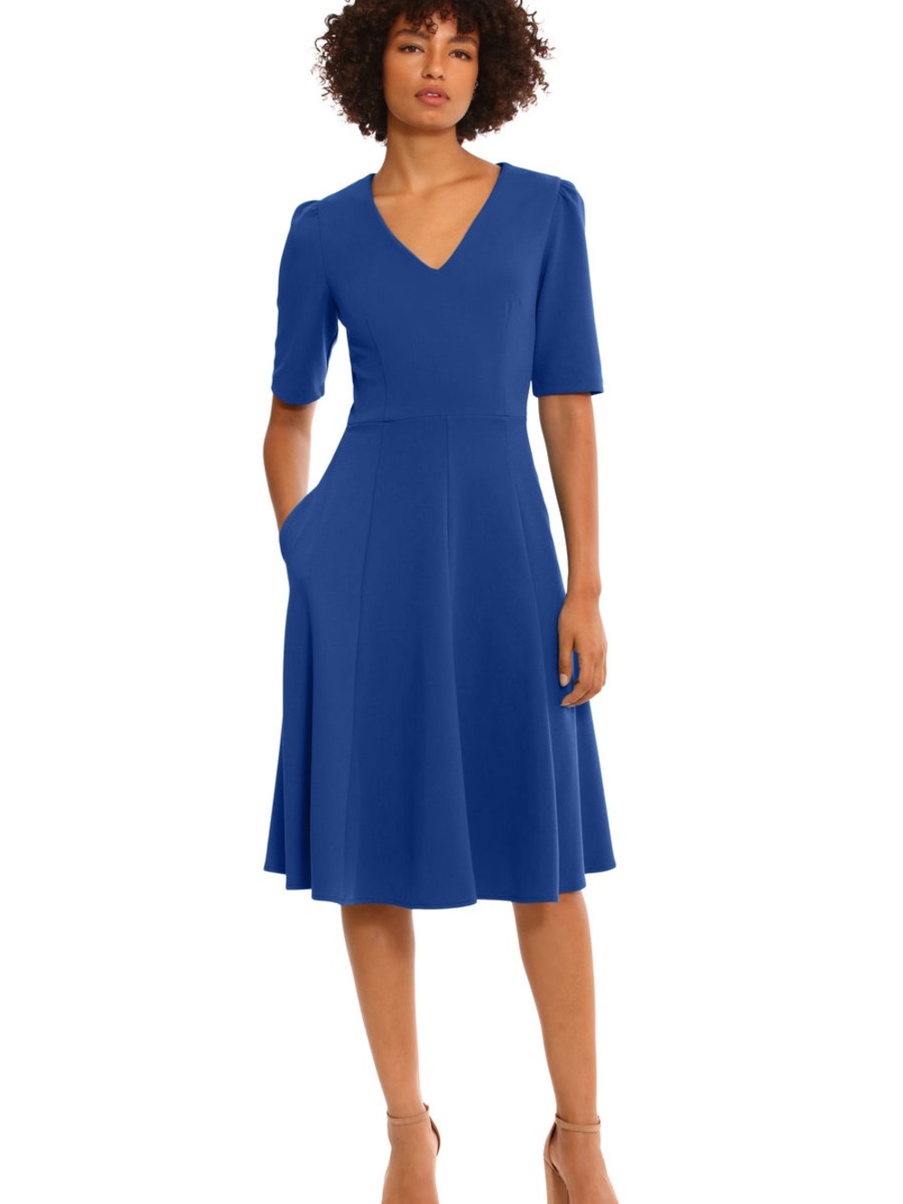 Donna Morgan Cobalt V‑Neck Fit-and-Flare Midi Dress
